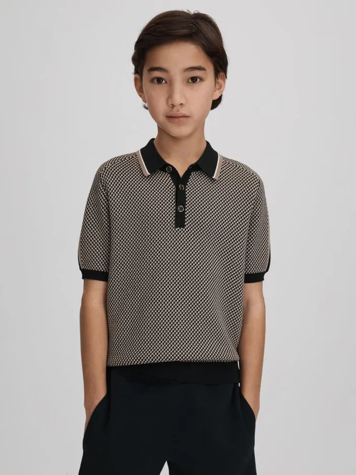 Children Reiss CoOrds Brunswick Geometric Design Knitted Polo Shirt Hunting Green
