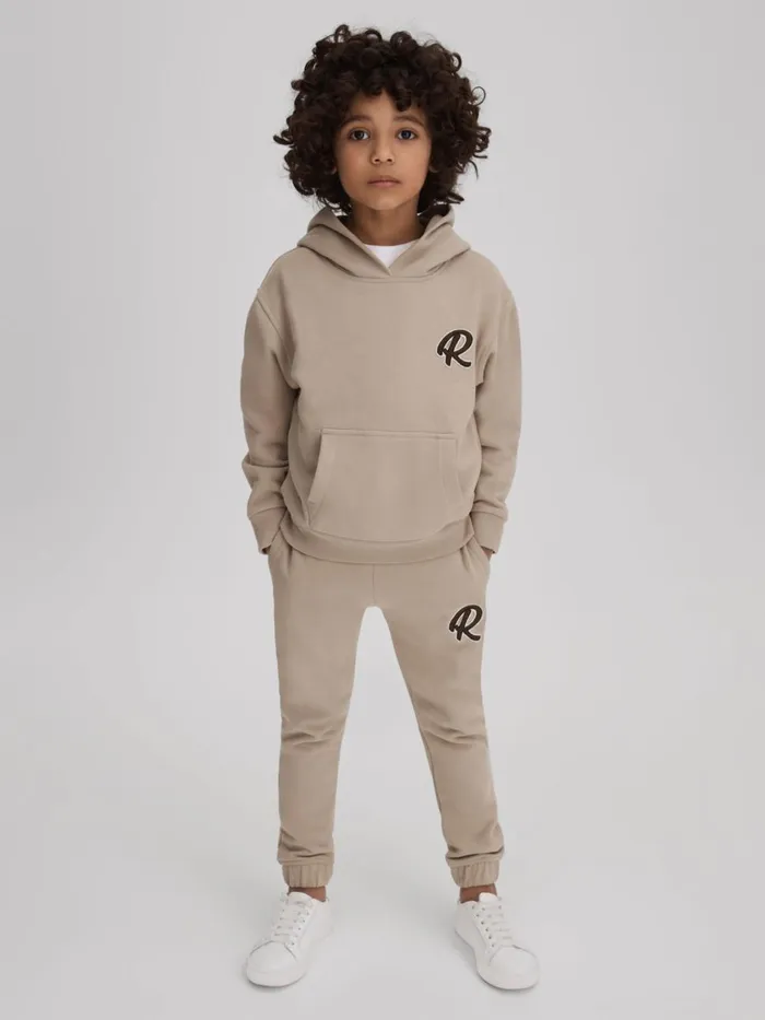 Children Reiss CoOrds Toby Cotton Elasticated Waist Motif Joggers Taupe