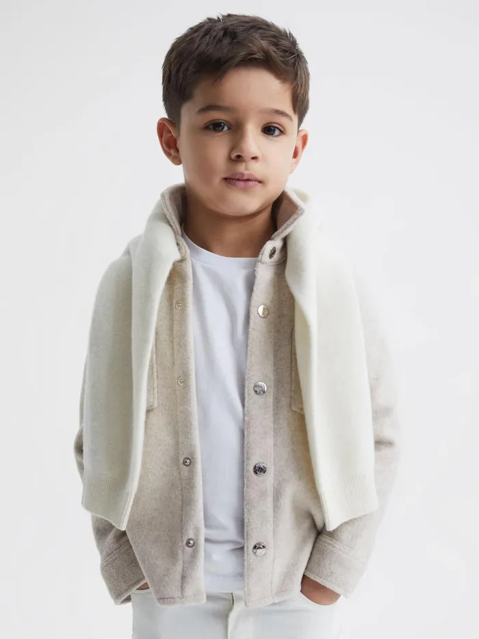 Children Reiss Coats and Jackets Loke Long Sleeve Press Stud Brushed Overshirt Oatmeal