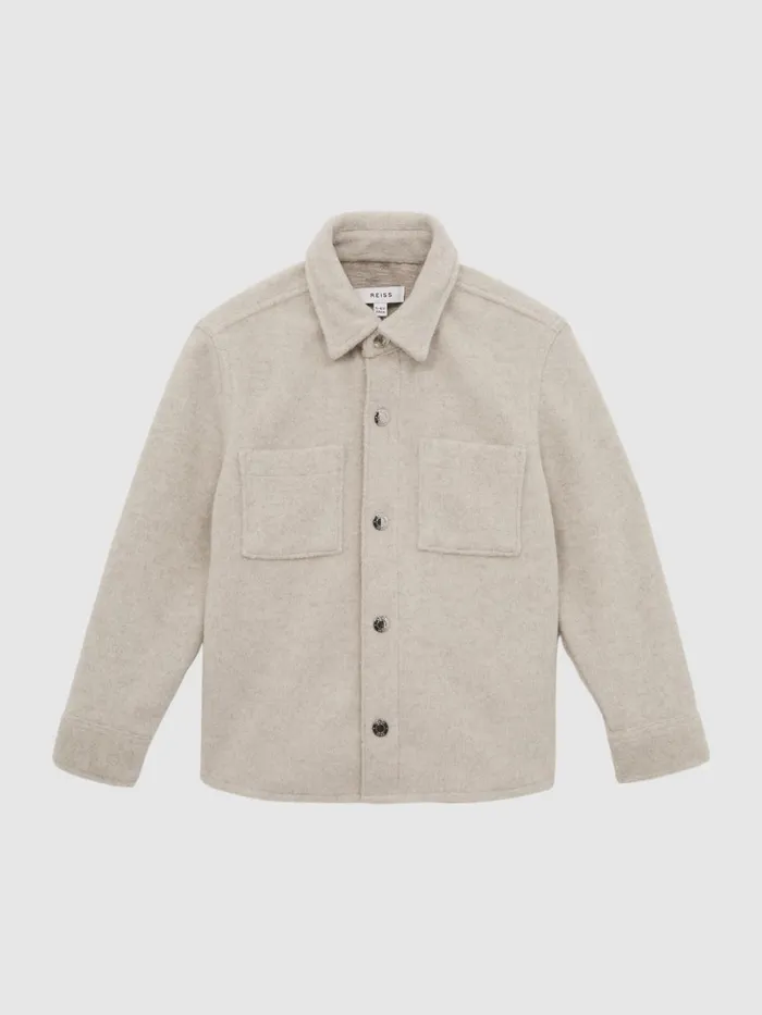 Children Reiss Coats and Jackets Loke Long Sleeve Press Stud Brushed Overshirt Oatmeal