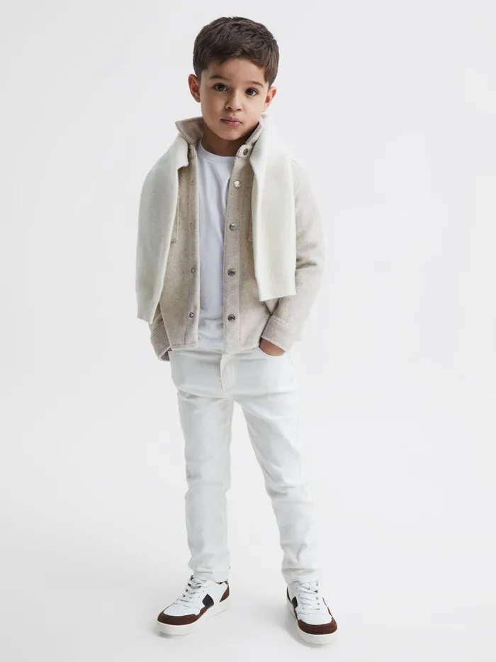 Children Reiss Coats and Jackets Loke Long Sleeve Press Stud Brushed Overshirt Oatmeal