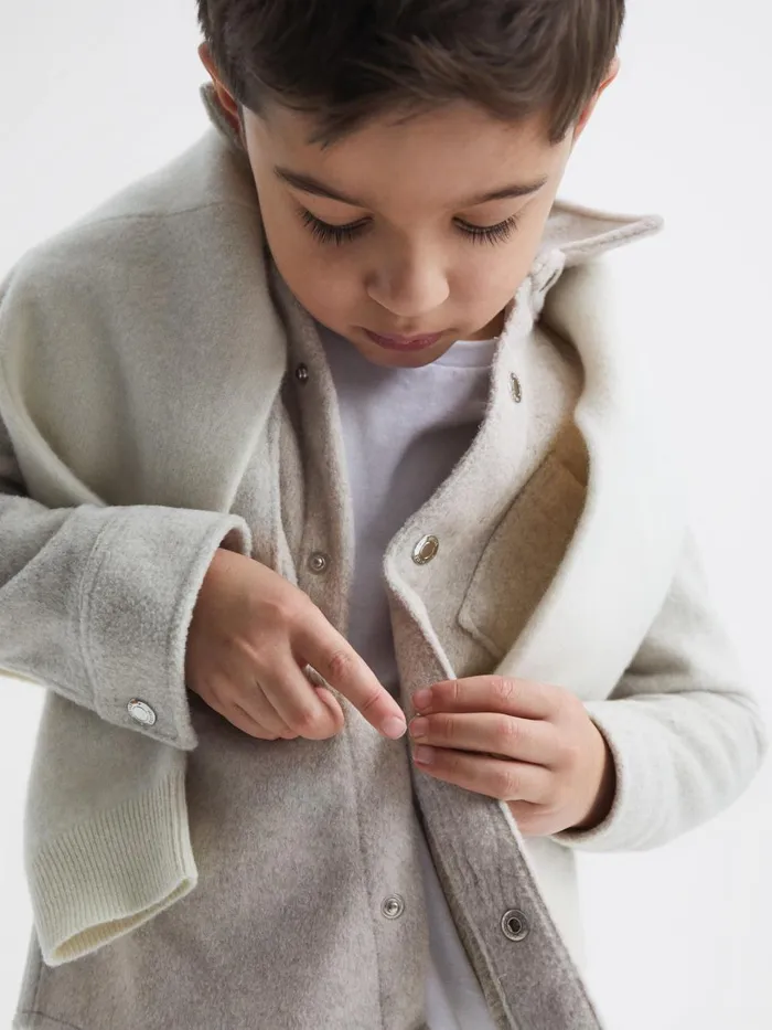 Children Reiss Coats and Jackets Loke Long Sleeve Press Stud Brushed Overshirt Oatmeal