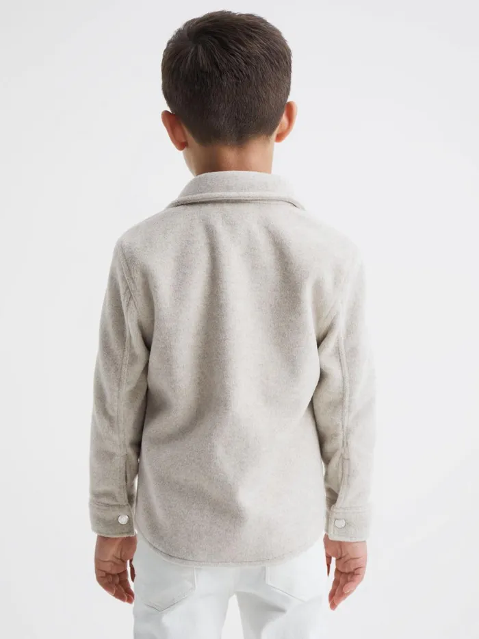 Children Reiss Coats and Jackets Loke Long Sleeve Press Stud Brushed Overshirt Oatmeal