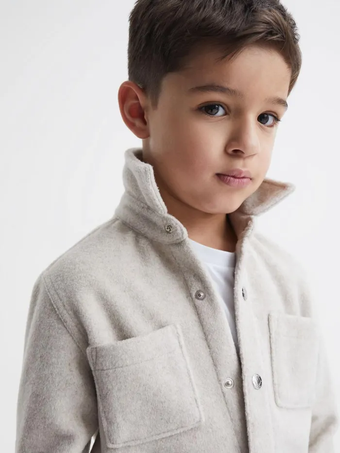 Children Reiss Coats and Jackets Loke Long Sleeve Press Stud Brushed Overshirt Oatmeal