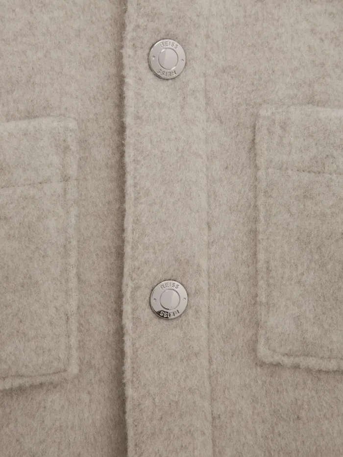 Children Reiss Coats and Jackets Loke Long Sleeve Press Stud Brushed Overshirt Oatmeal