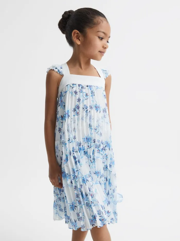 Children Reiss Dresses Aster Floral Printed Pleated Dress Blue Print