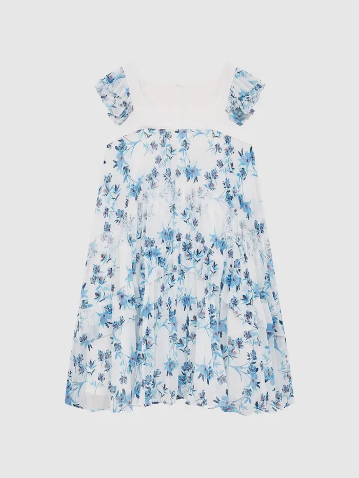 Children Reiss Dresses Aster Floral Printed Pleated Dress Blue Print