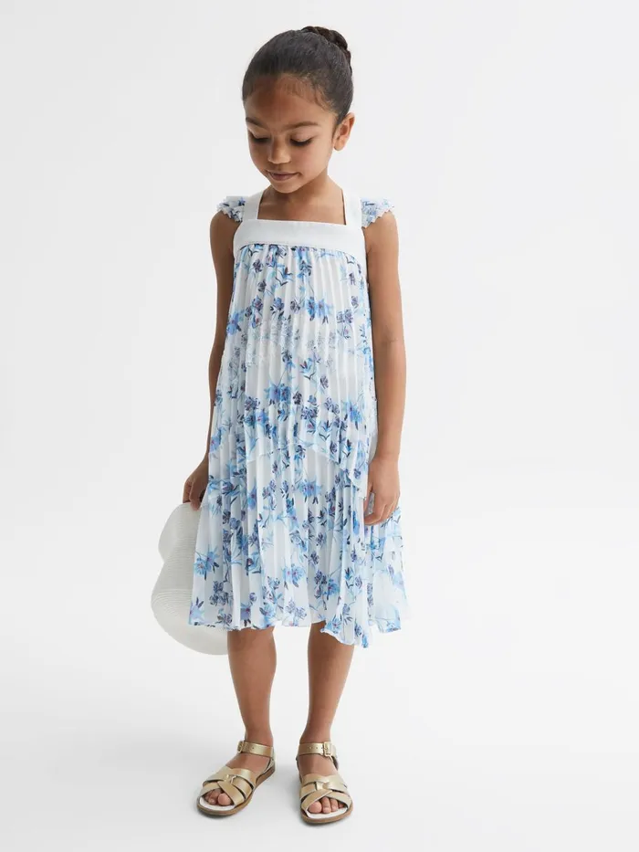 Children Reiss Dresses Aster Floral Printed Pleated Dress Blue Print
