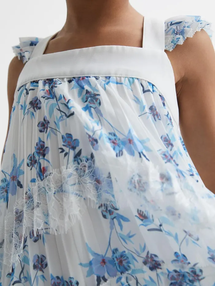 Children Reiss Dresses Aster Floral Printed Pleated Dress Blue Print