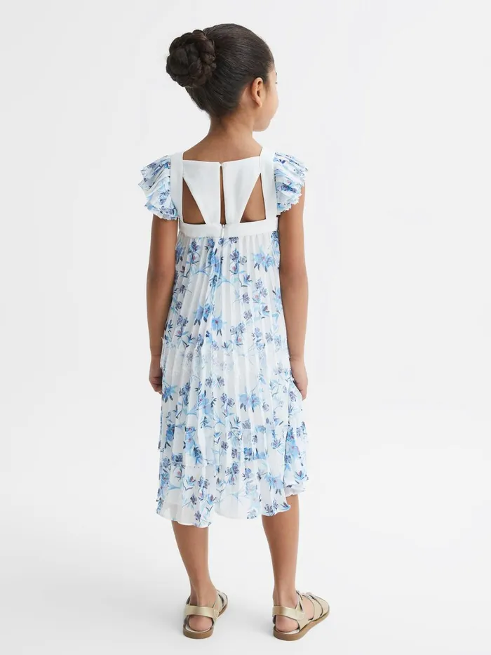 Children Reiss Dresses Aster Floral Printed Pleated Dress Blue Print