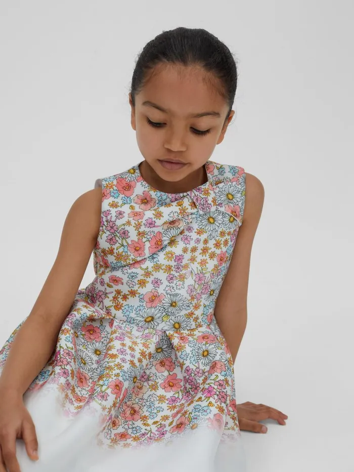 Children Reiss Dresses Emmie Floral Scuba Bow FitandFlare Dress Pink Print