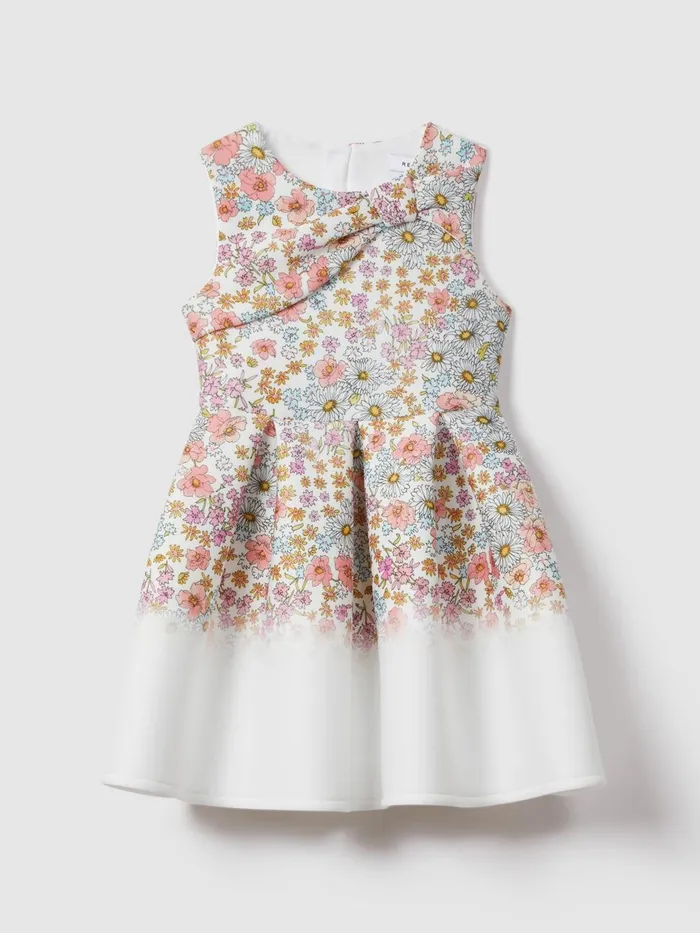 Children Reiss Dresses Emmie Floral Scuba Bow FitandFlare Dress Pink Print