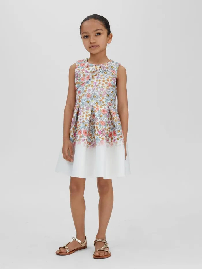 Children Reiss Dresses Emmie Floral Scuba Bow FitandFlare Dress Pink Print