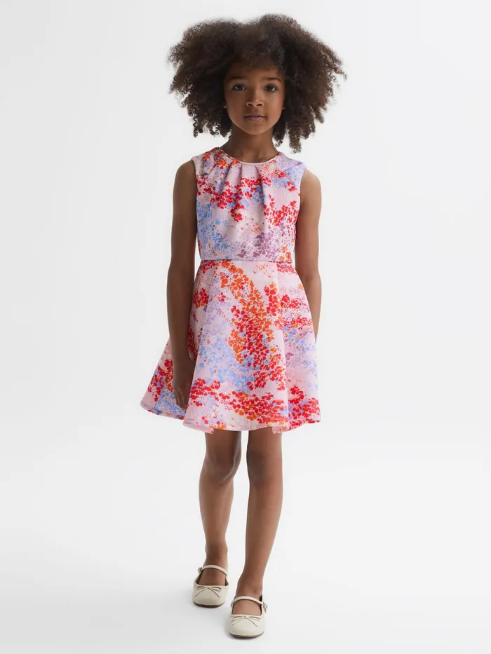 Children Reiss Dresses Max Floral Print Pleated Dress Pink Print