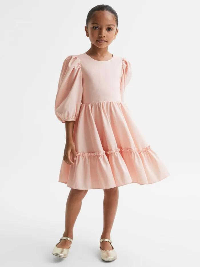 Children Reiss Dresses Toby Puff Sleeve Ruffle Mini Dress Pink