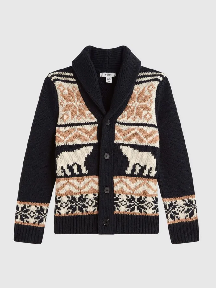 Children Reiss Knitwear Birch Knitted Fair Isle ButtonThrough Cardigan Navy Multi