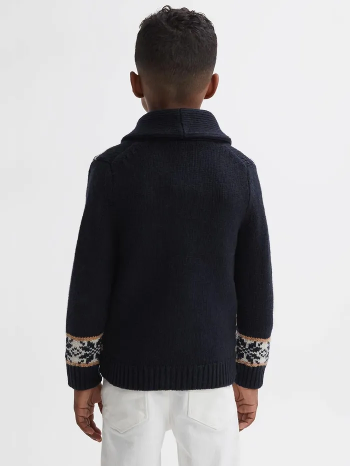 Children Reiss Knitwear Birch Knitted Fair Isle ButtonThrough Cardigan Navy Multi