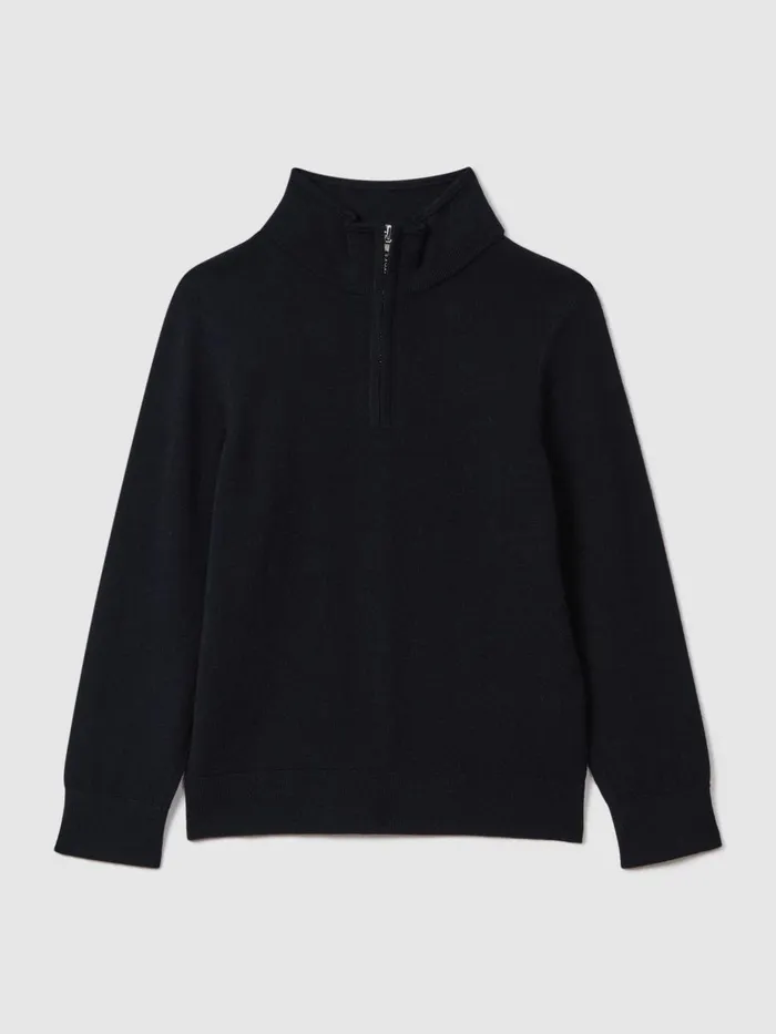 Children Reiss Knitwear Blackhall Wool HalfZip Funnel Neck Jumper Navy