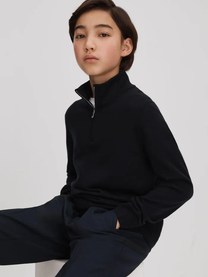 Children Reiss Knitwear Blackhall Wool HalfZip Funnel Neck Jumper Navy