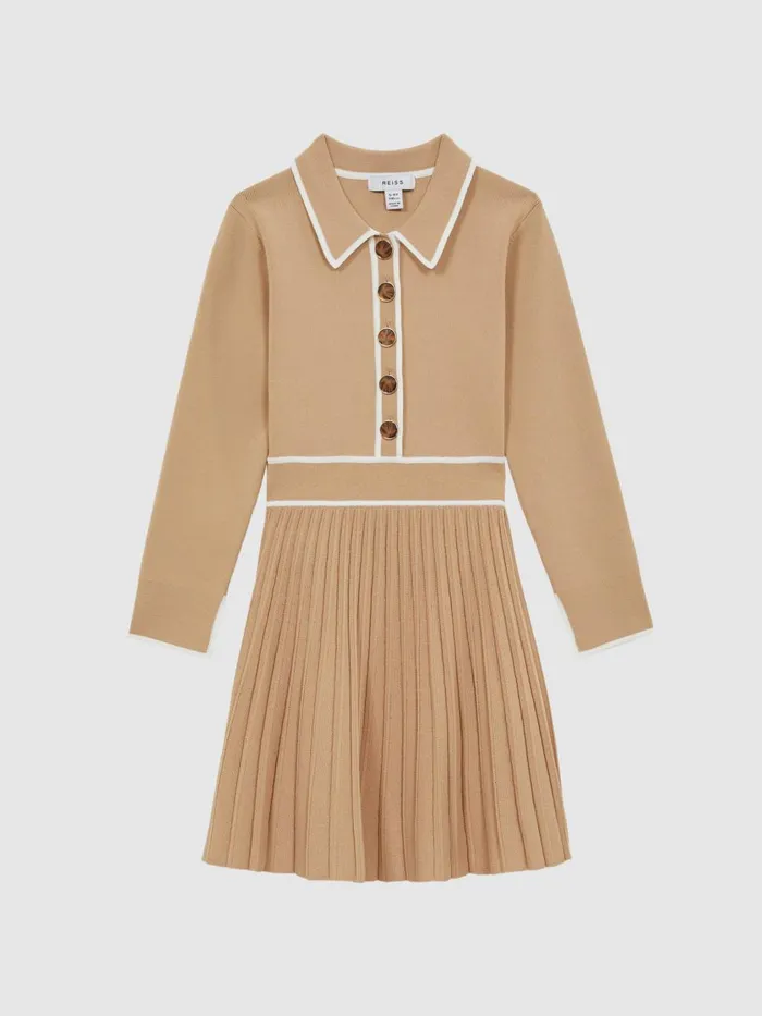 Children Reiss Knitwear Mia Knitted Polo Skater Dress Camel