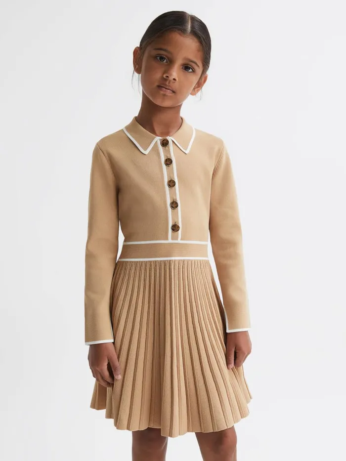 Children Reiss Knitwear Mia Knitted Polo Skater Dress Camel