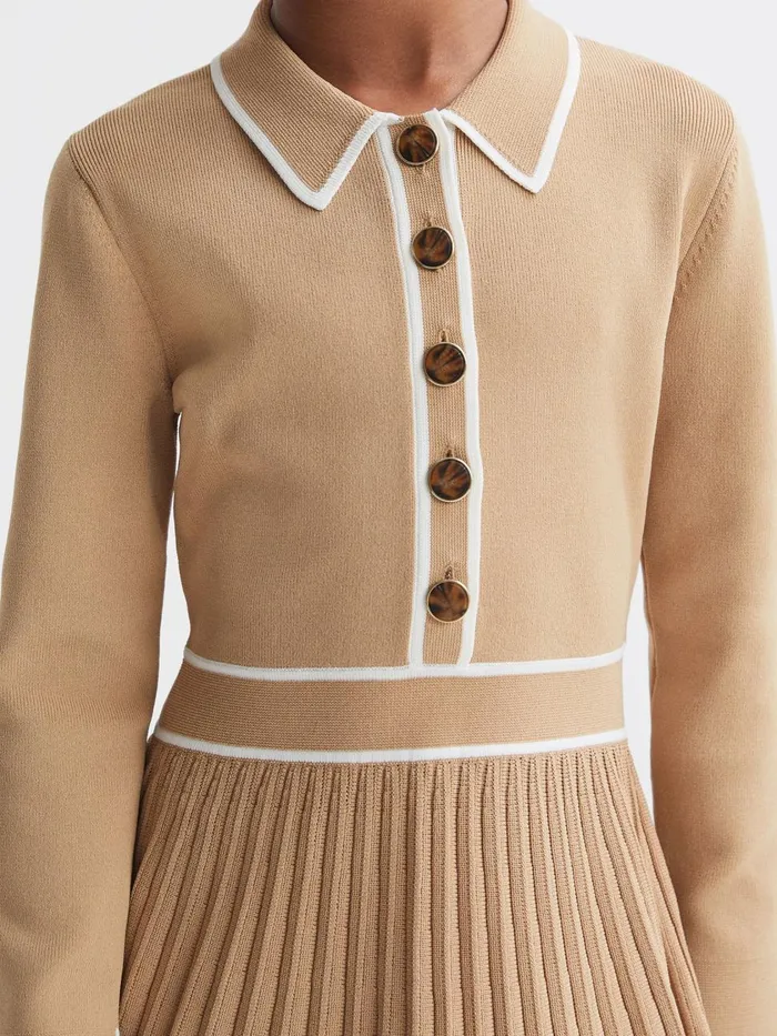Children Reiss Knitwear Mia Knitted Polo Skater Dress Camel