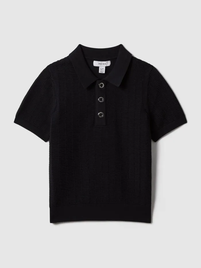 Children Reiss Polo Shirts Pascoe Textured Modal Blend Polo Shirt Navy
