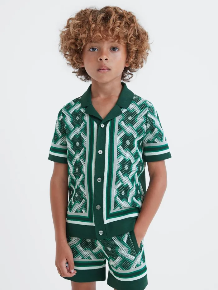 Children Reiss Shirts Hyde Knitted Cuban Collar ButtonThrough Shirt Green Multi