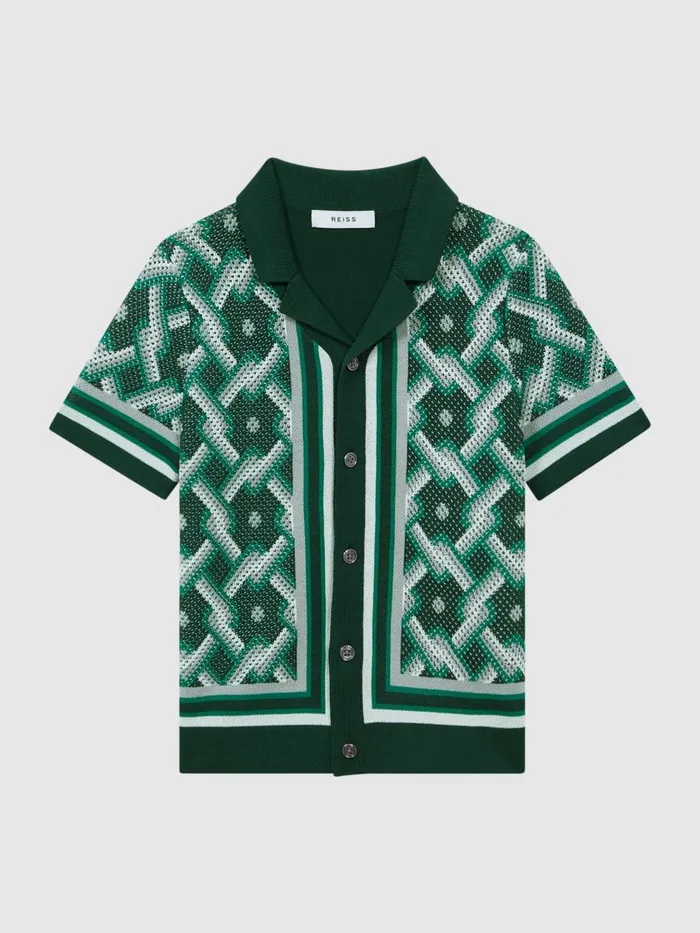 Children Reiss Shirts Hyde Knitted Cuban Collar ButtonThrough Shirt Green Multi