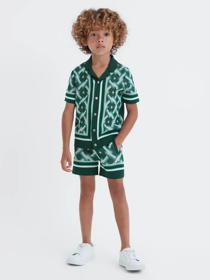 Children Reiss Shirts Hyde Knitted Cuban Collar ButtonThrough Shirt Green Multi