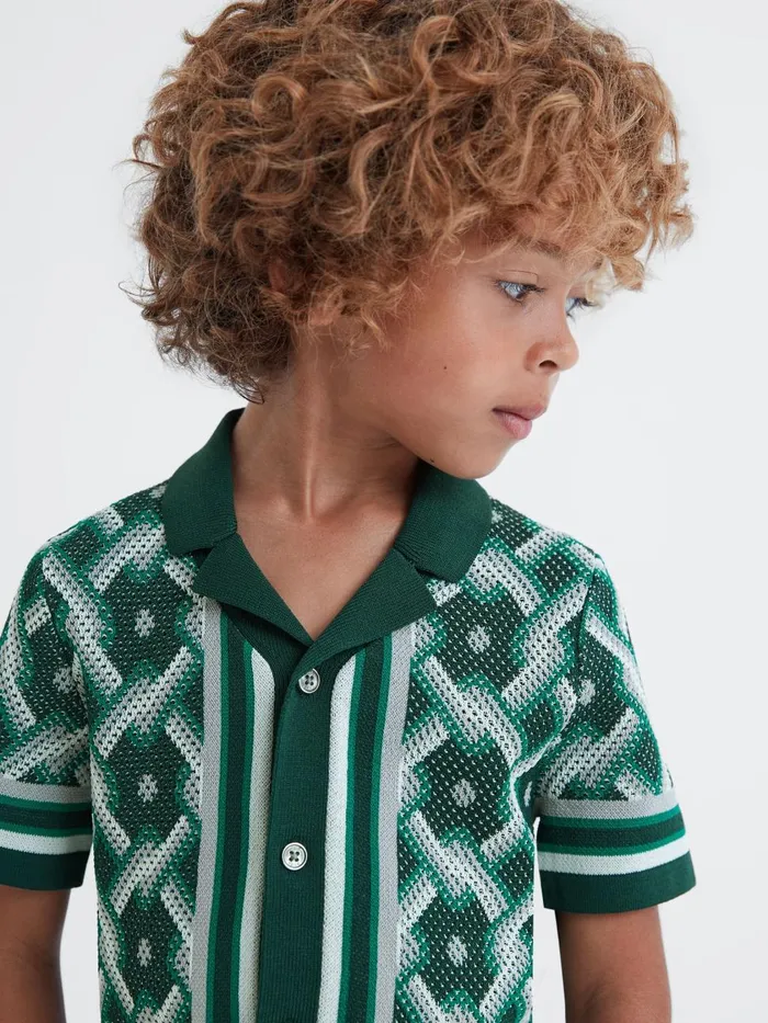 Children Reiss Shirts Hyde Knitted Cuban Collar ButtonThrough Shirt Green Multi