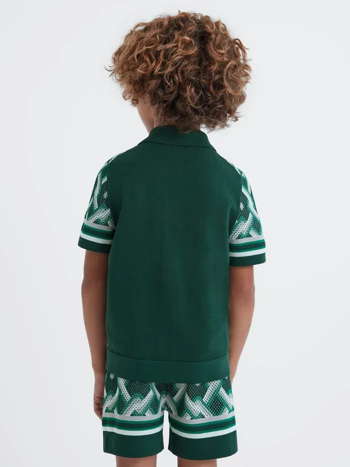 Children Reiss Shirts Hyde Knitted Cuban Collar ButtonThrough Shirt Green Multi