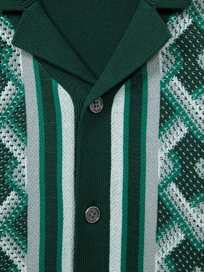 Children Reiss Shirts Hyde Knitted Cuban Collar ButtonThrough Shirt Green Multi