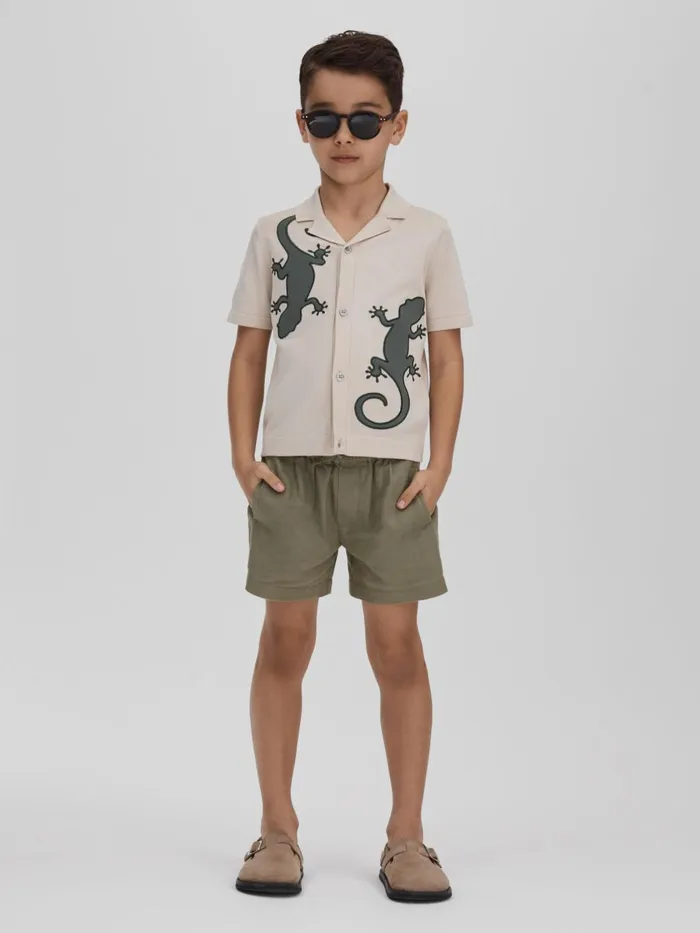 Children Reiss Shirts Reggie Knitted Reptile Cuban Collar Shirt Stonegreen