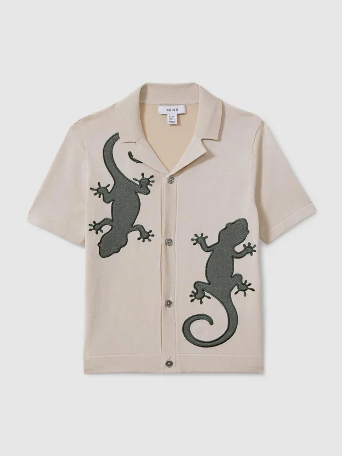 Children Reiss Shirts Reggie Knitted Reptile Cuban Collar Shirt Stonegreen
