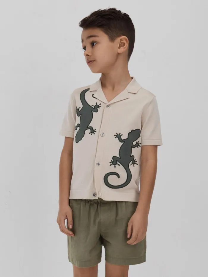Children Reiss Shirts Reggie Knitted Reptile Cuban Collar Shirt Stonegreen