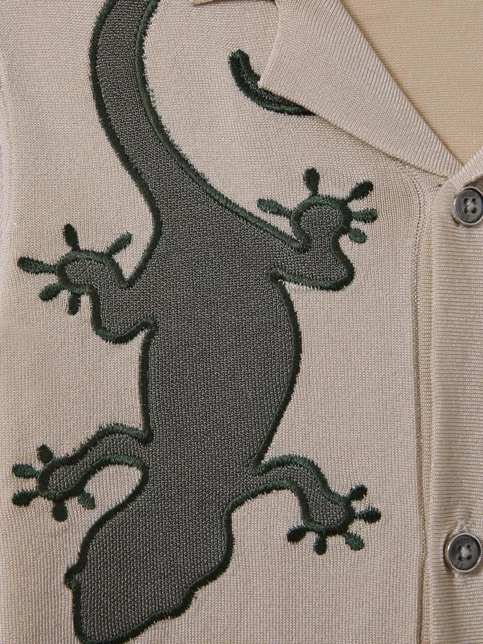 Children Reiss Shirts Reggie Knitted Reptile Cuban Collar Shirt Stonegreen