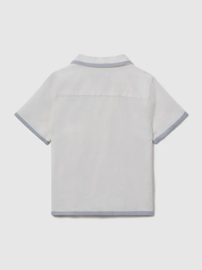 Children Reiss Shirts Vitan Linen Contrast Cuban Collar Shirt Whitesoft Blue
