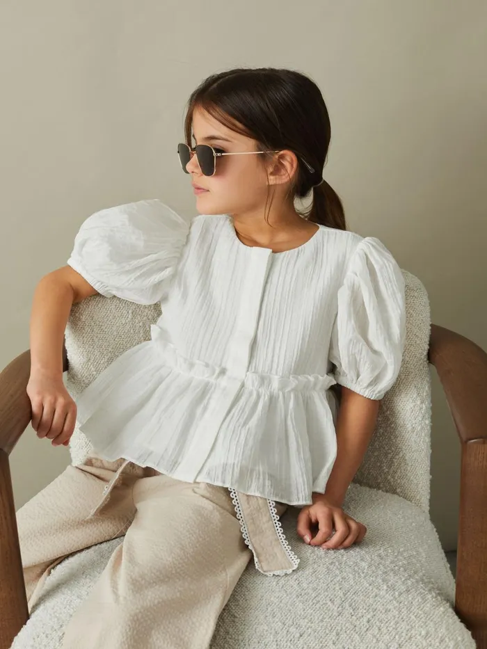 Children Reiss Tops and TShirts Matty Puff Sleeve Peplum Top Ivory