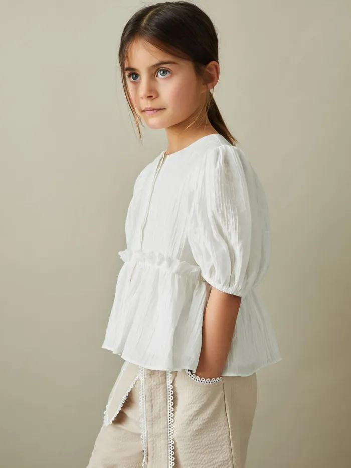 Children Reiss Tops and TShirts Matty Puff Sleeve Peplum Top Ivory