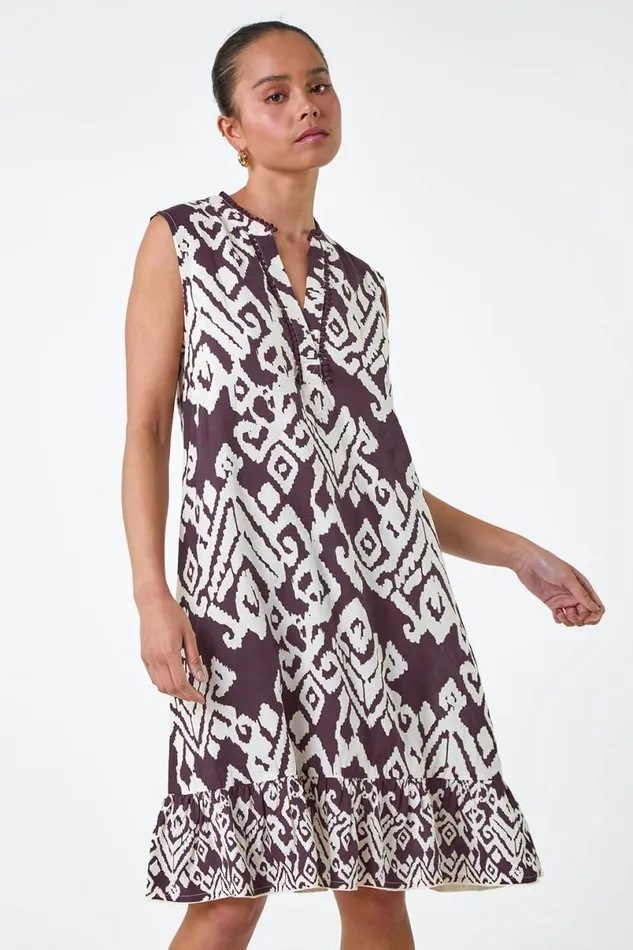 Chocolate Petite Aztec Print Frill Hem Dress Women Roman Dresses