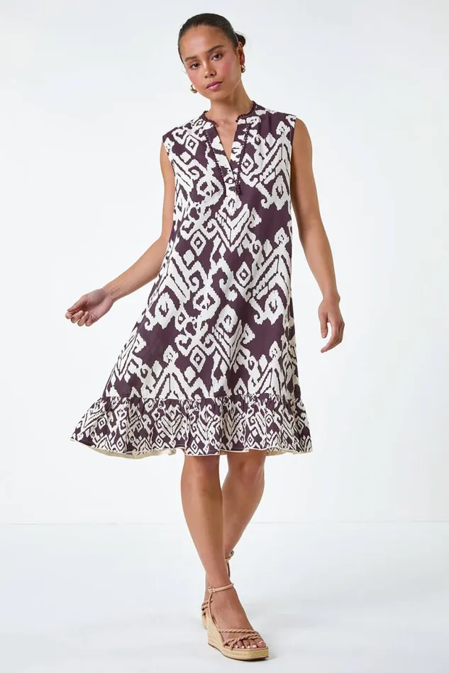 Chocolate Petite Aztec Print Frill Hem Dress Women Roman Dresses