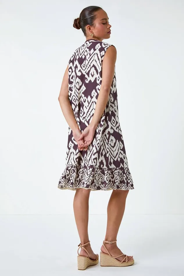 Chocolate Petite Aztec Print Frill Hem Dress Women Roman Dresses