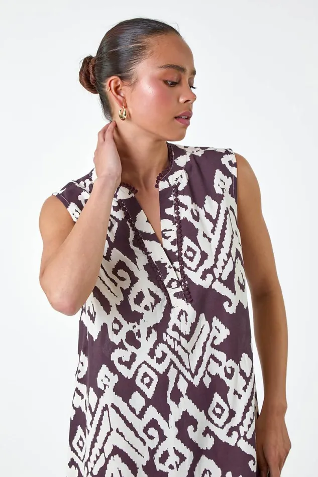 Chocolate Petite Aztec Print Frill Hem Dress Women Roman Dresses