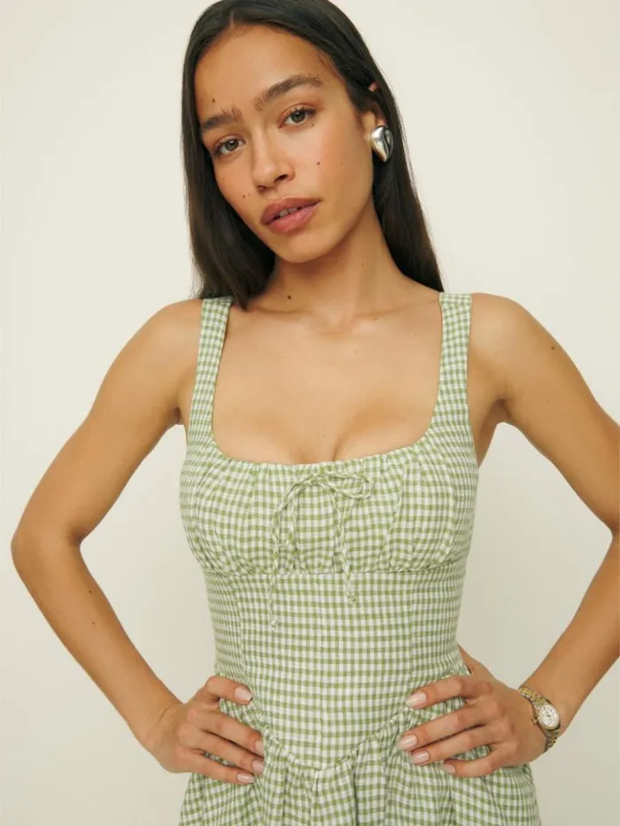 Clothing The Reformation Daria Linen Dress Avocado Check
