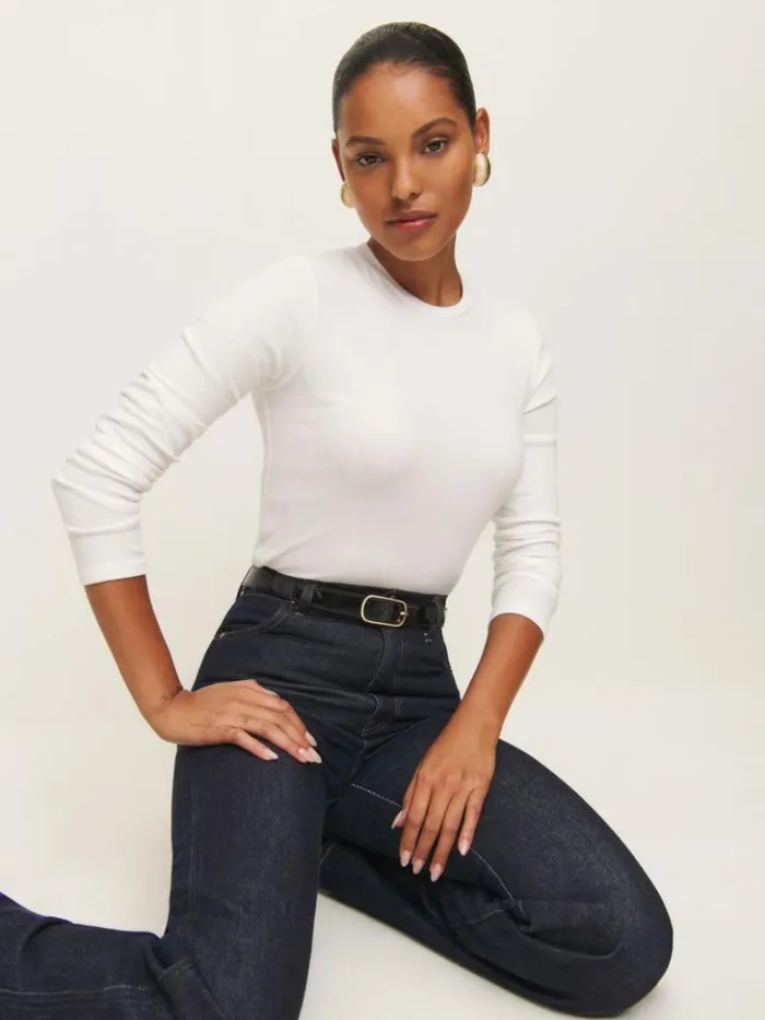 Clothing The Reformation Davy Long Sleeve Crewneck Tee White