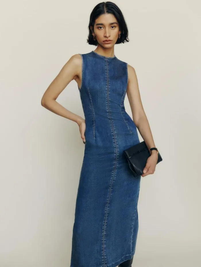 Clothing The Reformation Petites Kendi Denim Midi Dress Bleu