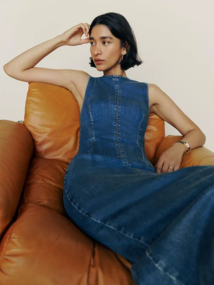 Clothing The Reformation Petites Kendi Denim Midi Dress Bleu