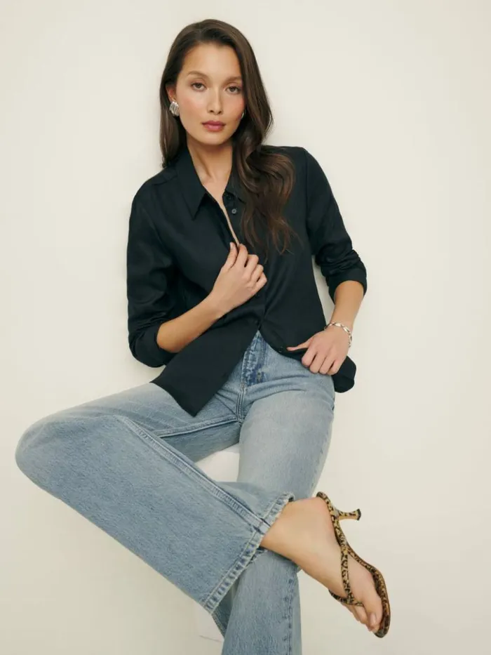 Clothing The Reformation Sky Relaxed Linen Top Black