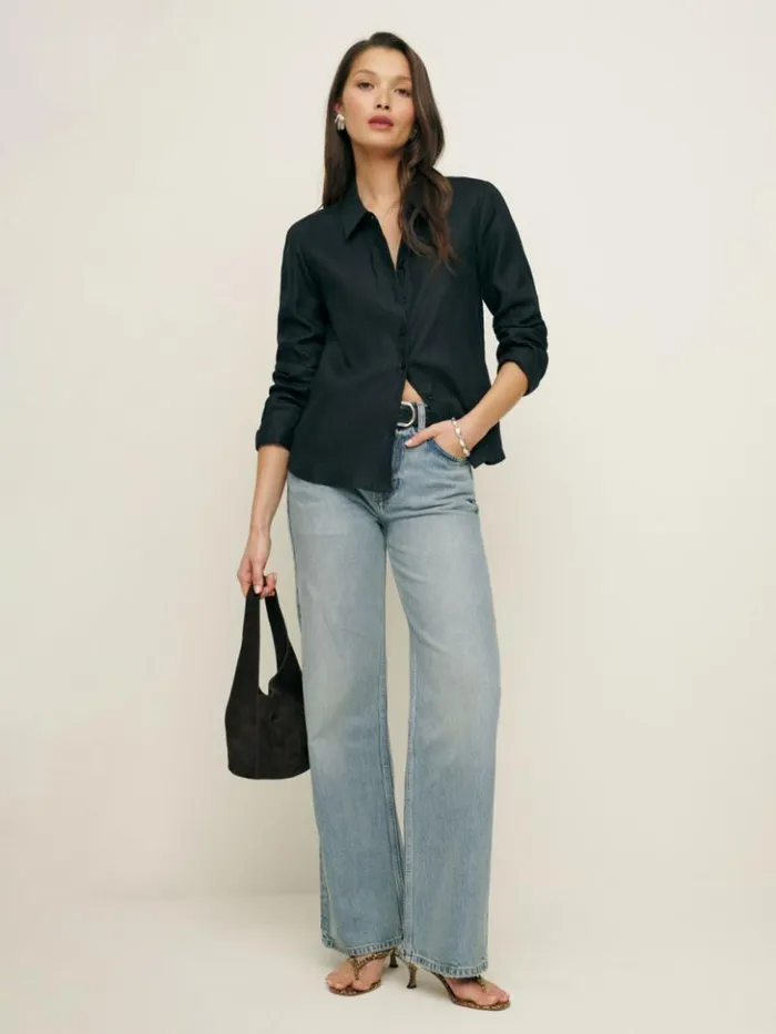 Clothing The Reformation Sky Relaxed Linen Top Black